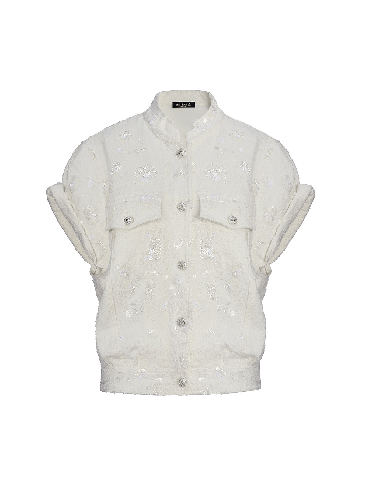 Sequin Soft Denim Stand-Collar Vest