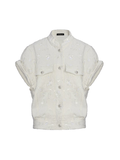 Sequin Soft Denim Stand-Collar Vest