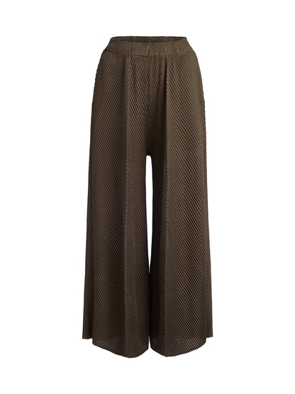 Pleated-Texture Elastic-Waist Wide-Leg Pants