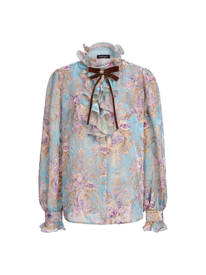 Silk Velvet Devoré Ribbon Bow Ruffle Blouse