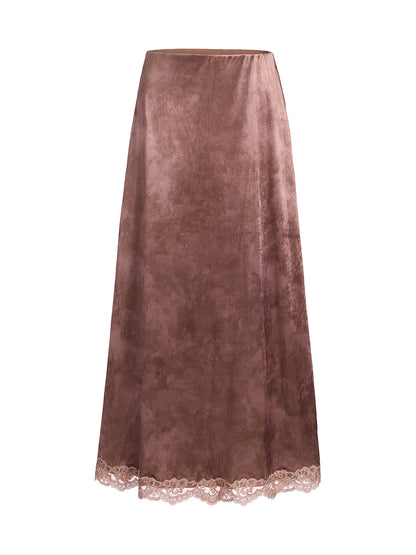 Chestnut Velvet Lace-Trim Fishtail Skirt