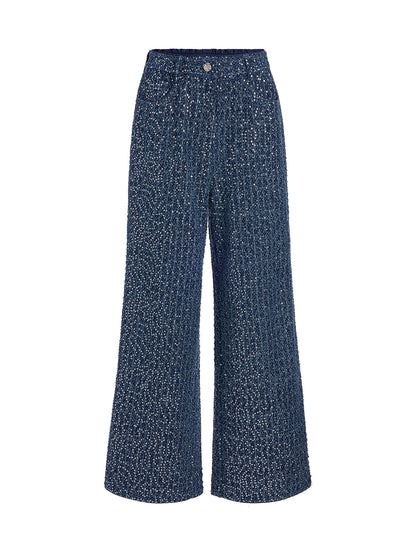 Sequined Denim-Look Tweed Hand-Beaded Pants