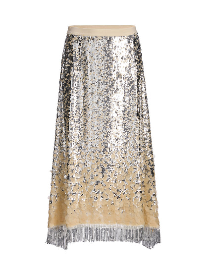 Ombre Sequin Fringe Elastic-Waist A-Line Skirt