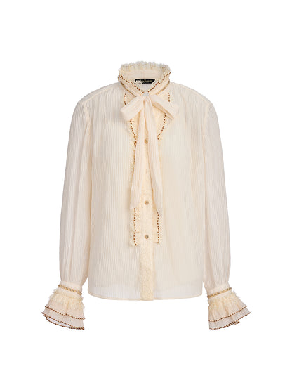 Pleated Lace-Ruffle Trim Bow-Tie Blouse