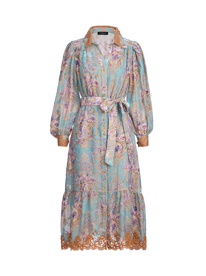 Silk Velvet Devoré Floral Lace Trim Dress (Matching Belt Included)