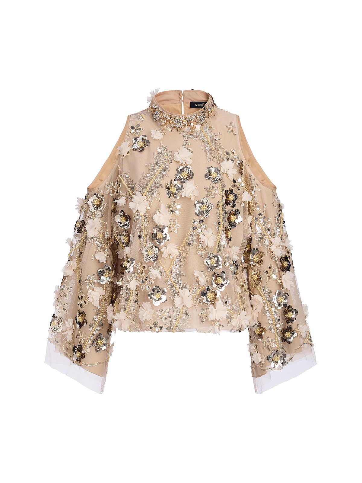 Sequin Floral Embroidery Cold-Shoulder Top
