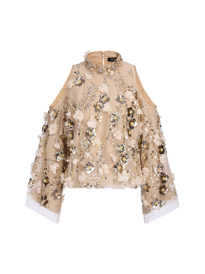 Sequin Floral Embroidery Cold-Shoulder Top