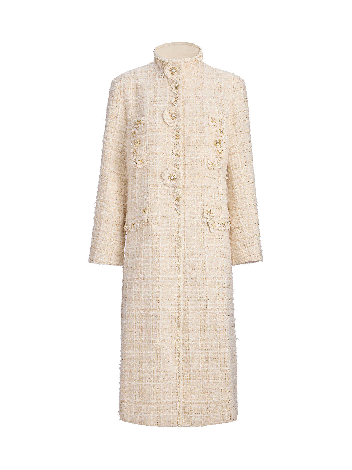 Two-Tone Check Tweed Hand-Beaded Floral Coat