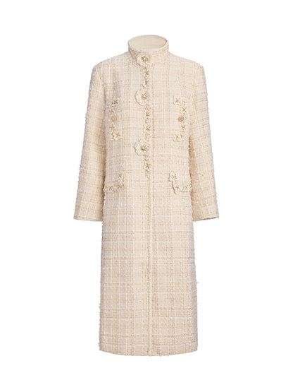 Two-Tone Check Tweed Hand-Beaded Floral Coat