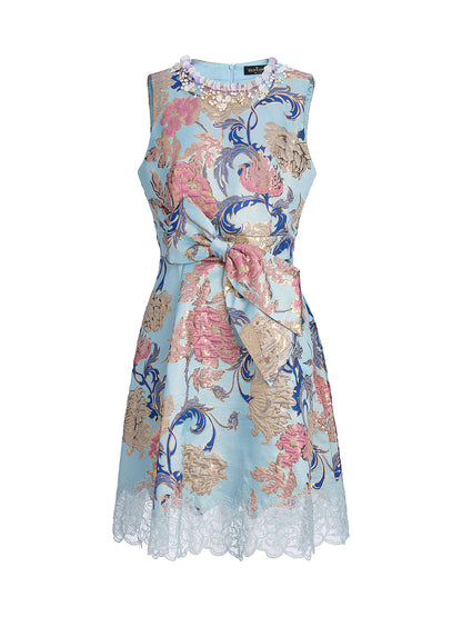 Hand-Set Rhinestone Embellished 3D Floral Bow Dress