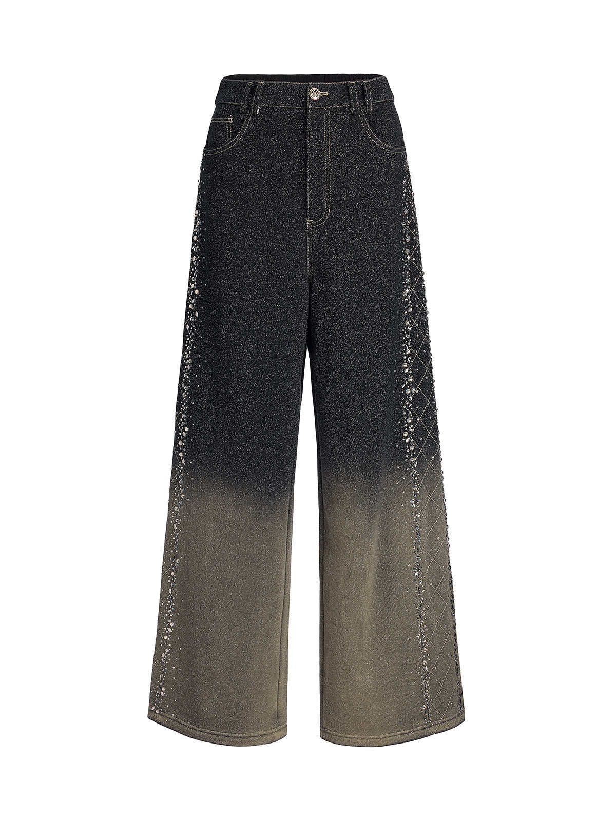 Handcrafted Rhinestone Gradient Knit Straight Pants