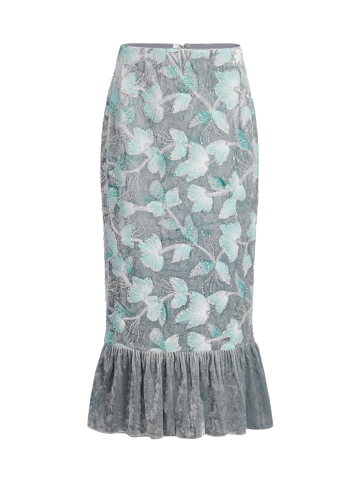 Beaded Floral Embroidered Velvet Tulip Skirt