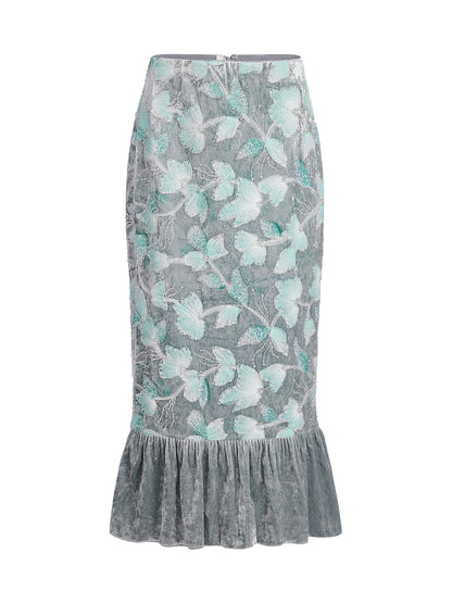 Beaded Floral Embroidered Velvet Tulip Skirt