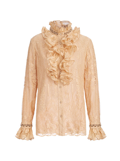 Beaded Lace Ruffled-Collar Blouse