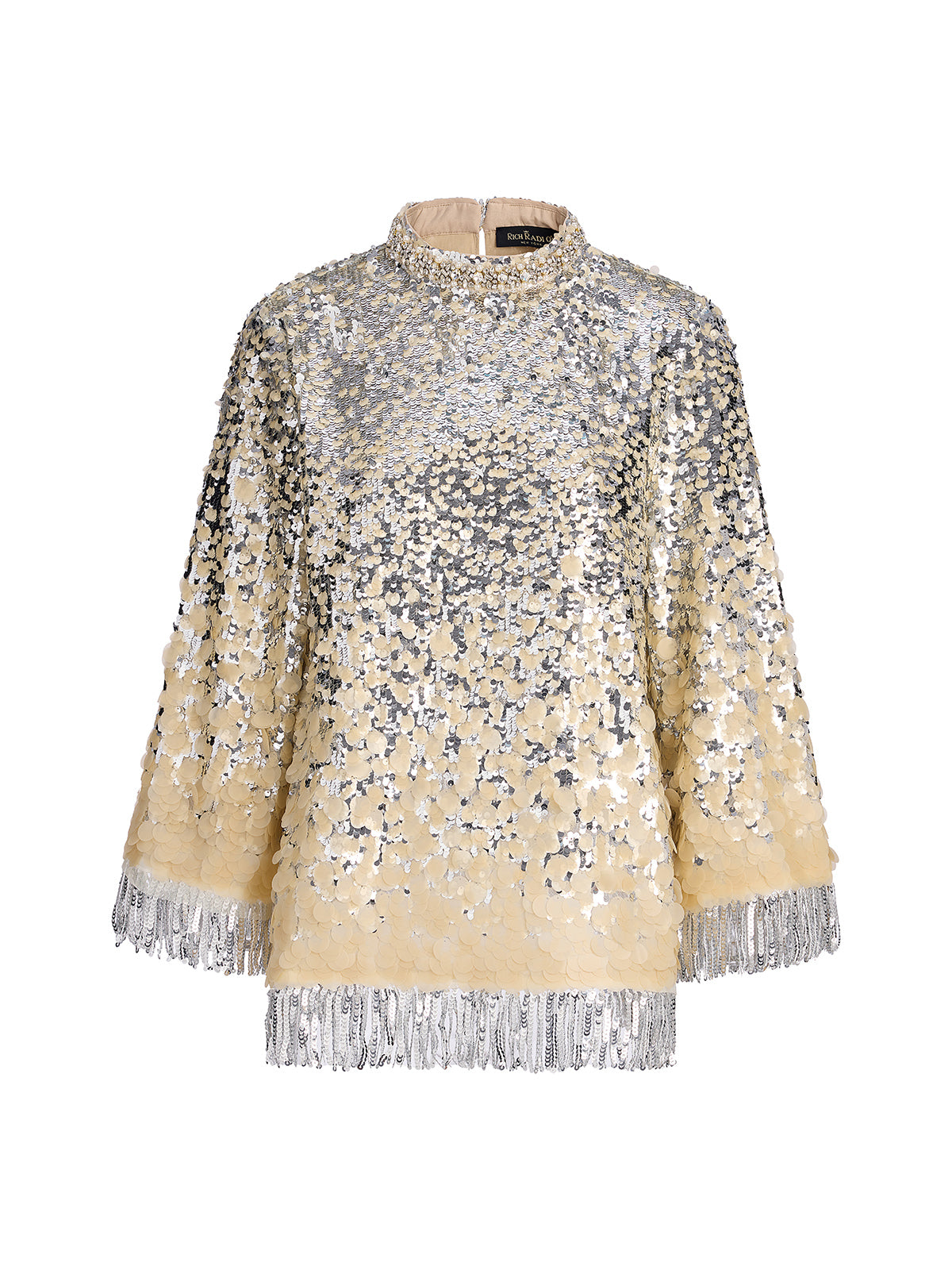 Beaded Ombre Fringe Stand-Collar Top