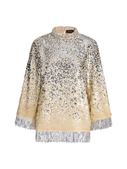 Beaded Ombre Fringe Stand-Collar Top
