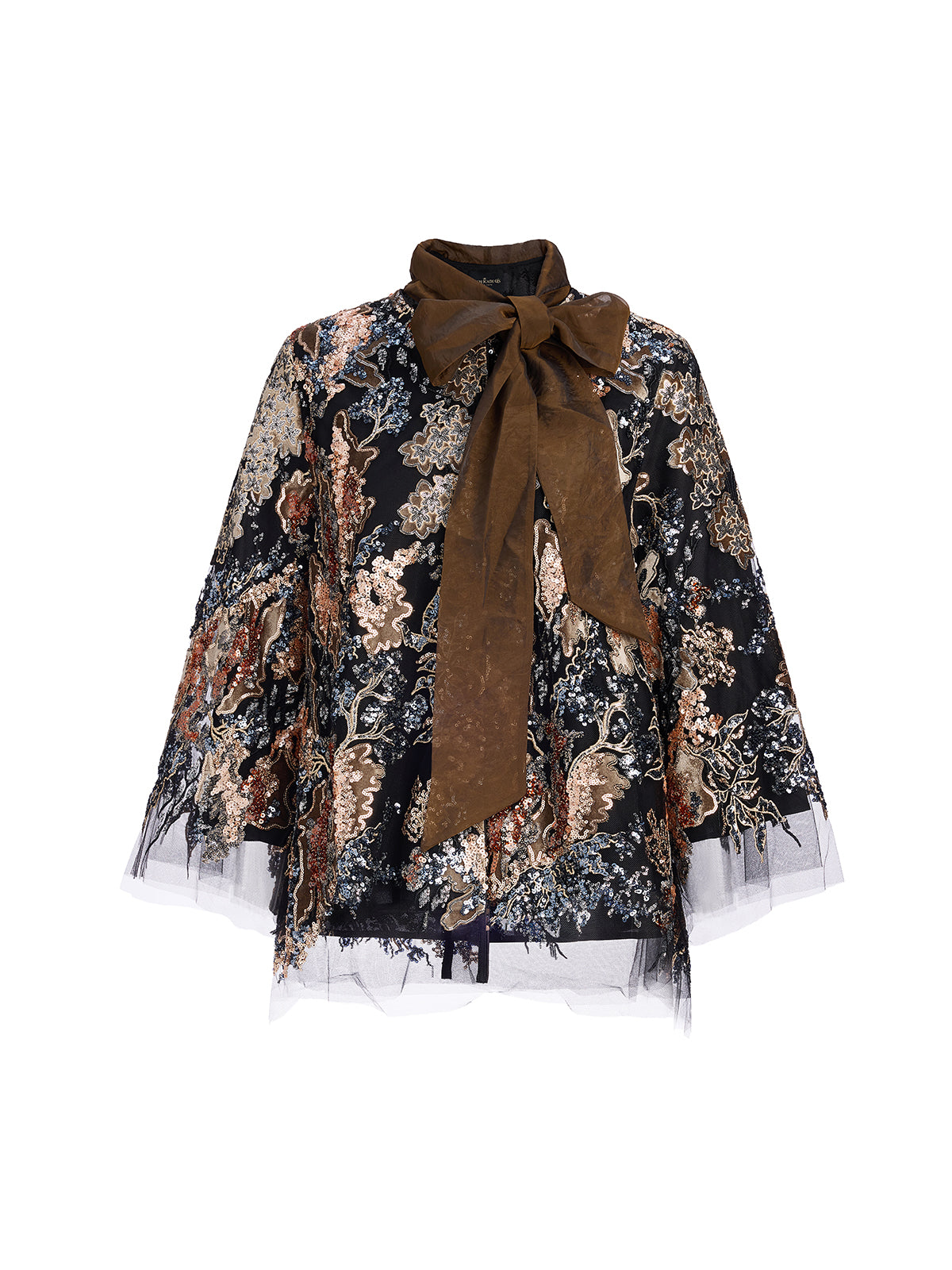 Sequin Vine Embroidered Tie-Neck Jacket