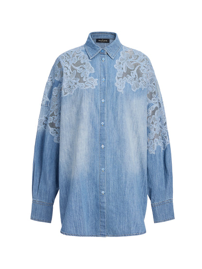 Floral Lace Panel Denim Shirt