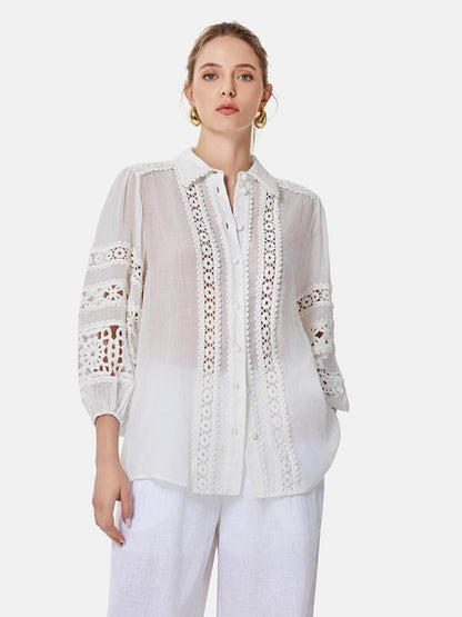 Hollow Embroidered Linen Lantern Sleeve Shirt