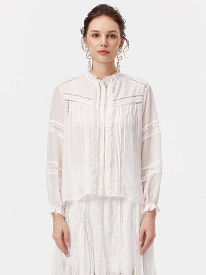 Lace Stand Collar Pleated Silk Shirt