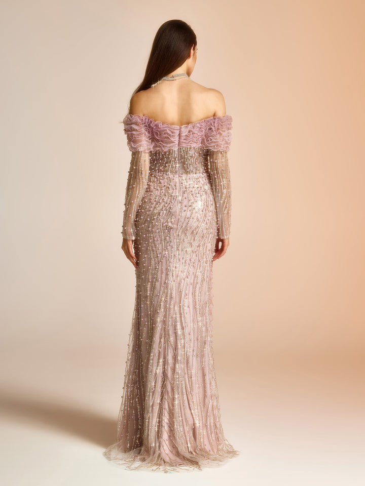 Dreamy Pink Pearl Tulle  Gown