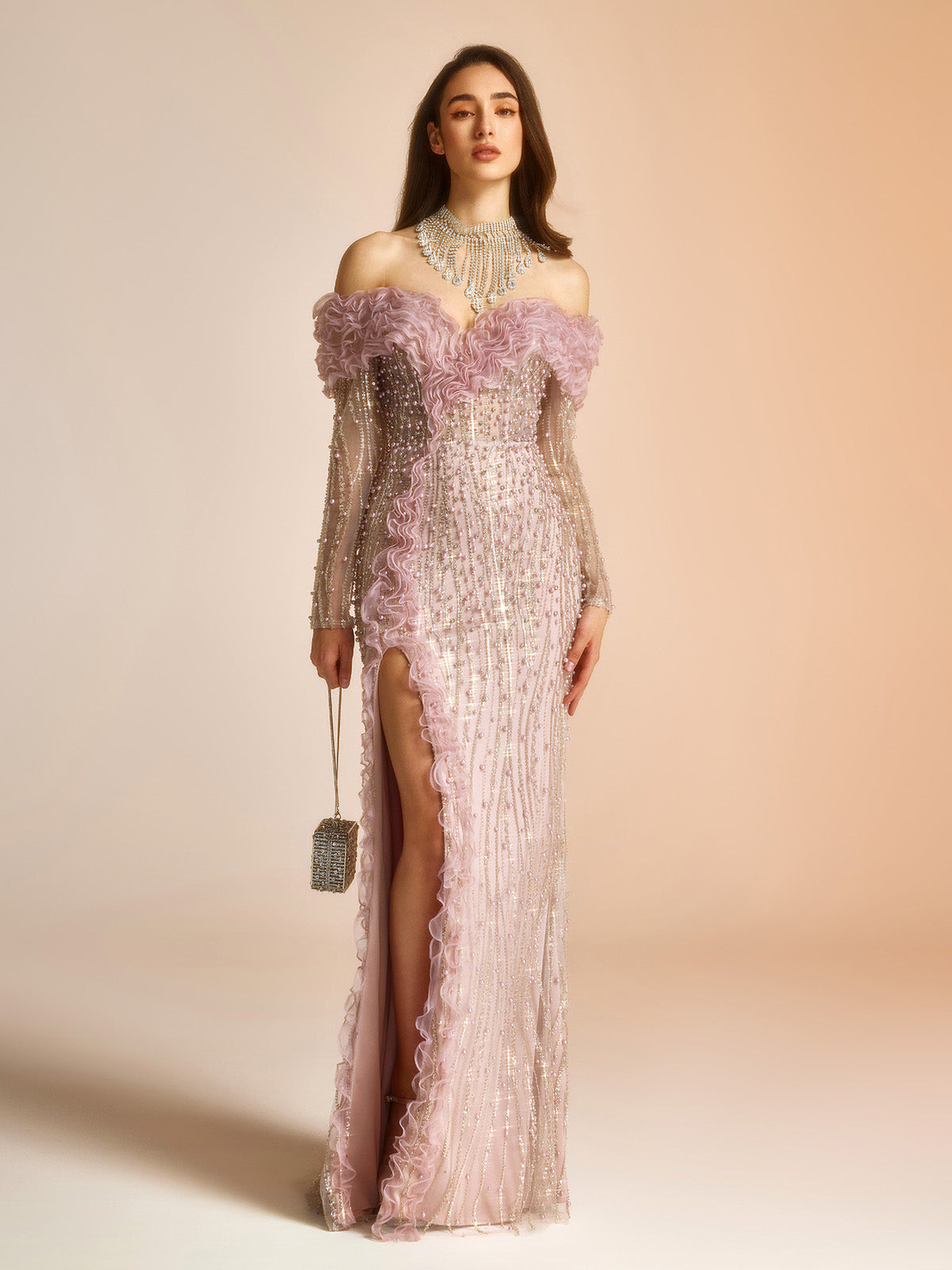 Dreamy Pink Pearl Tulle  Gown