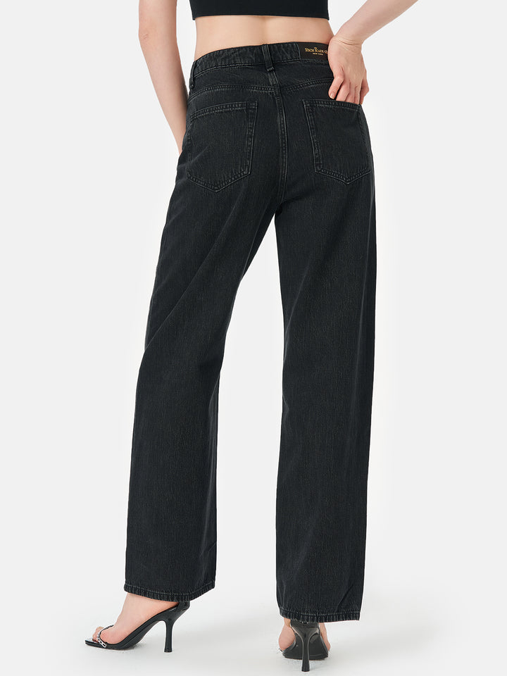 Stone-Washed Wide Leg Cotton Jeans