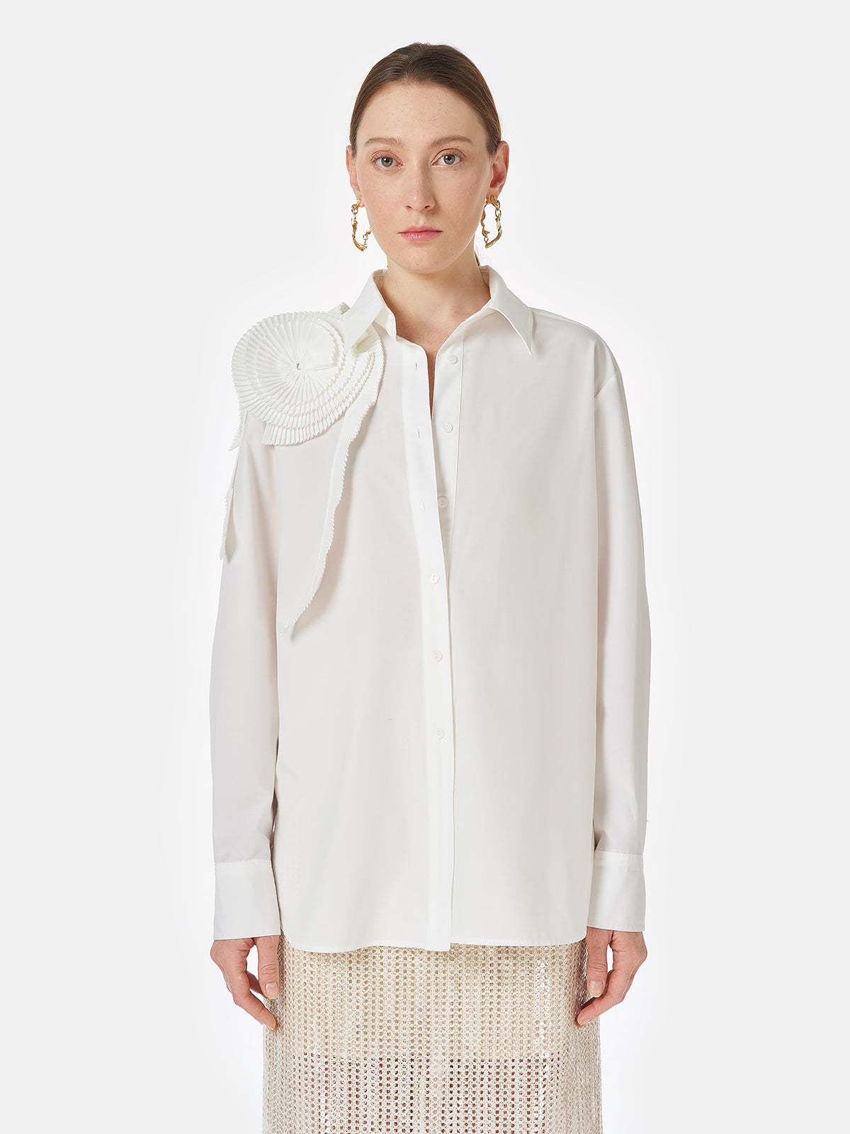 Three-dimensional Pleated Floral Cotton Shirt