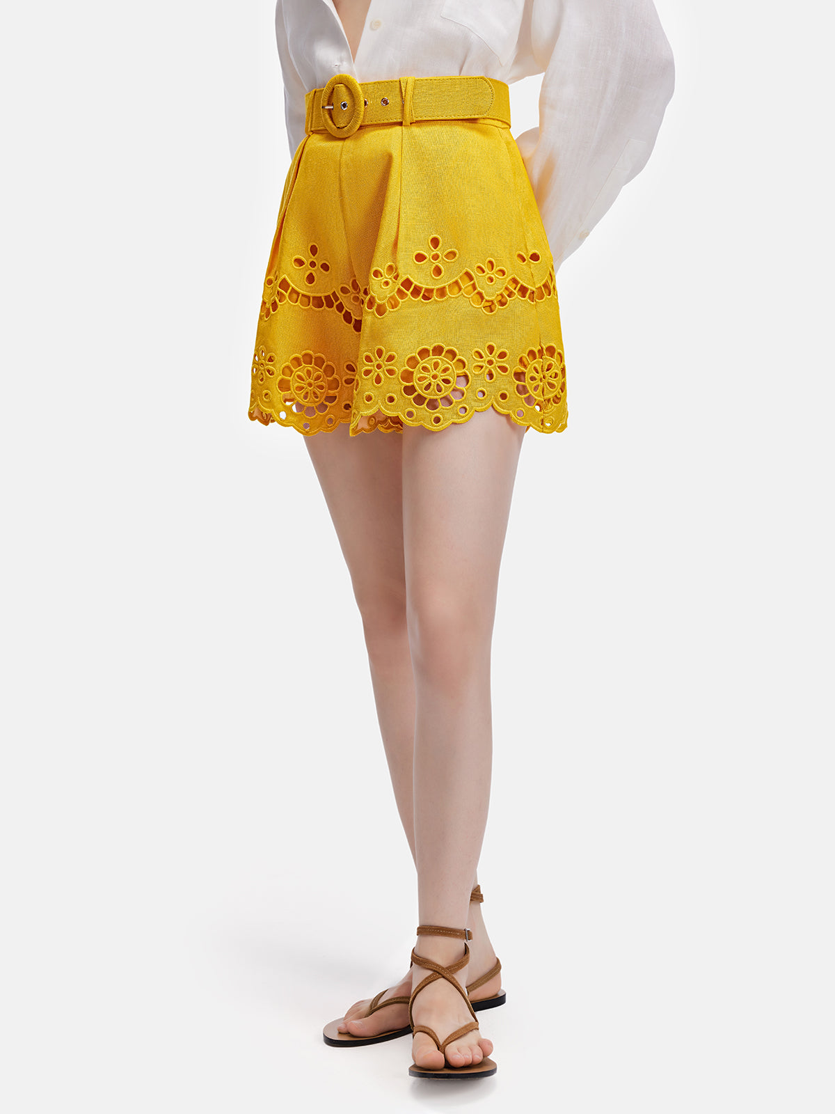 French Hollow Lace Embroidered Waist Shorts