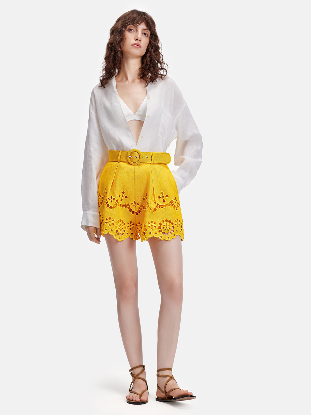 French Hollow Lace Embroidered Waist Shorts