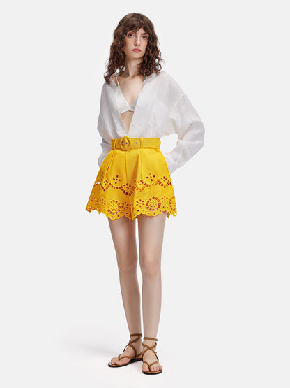 French Hollow Lace Embroidered Waist Shorts