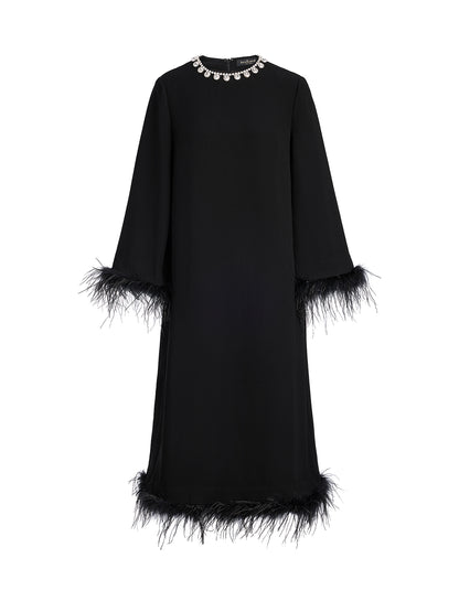 Luxurious Black Feather-Trimmed Dress