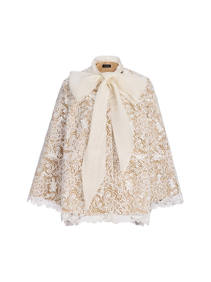 Elegant Lace Texture Coat with Neck Tie