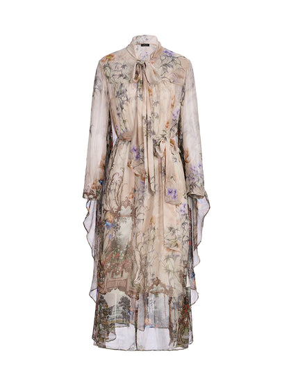 Silk Court Print Pleated Maxi Dress