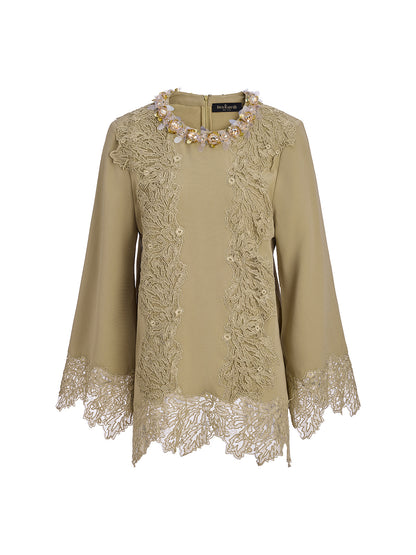 Lace-Trim Flare Sleeve Blouse