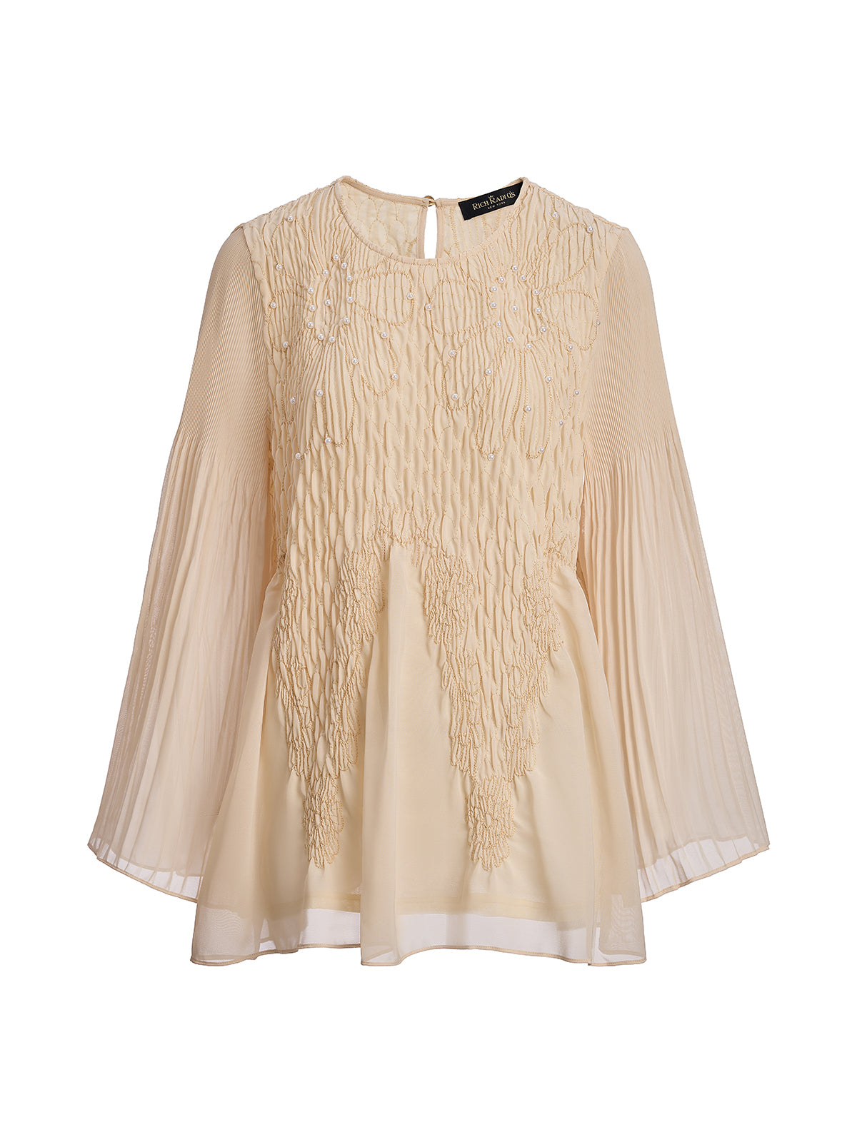 Luxe Embroidered Pleated Long-Sleeve Top