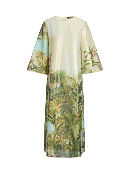 Tropical Plant Knit Long-Sleeve Dress