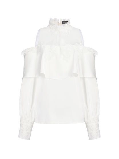 Off-Shoulder Ruffle Lace Mesh Top