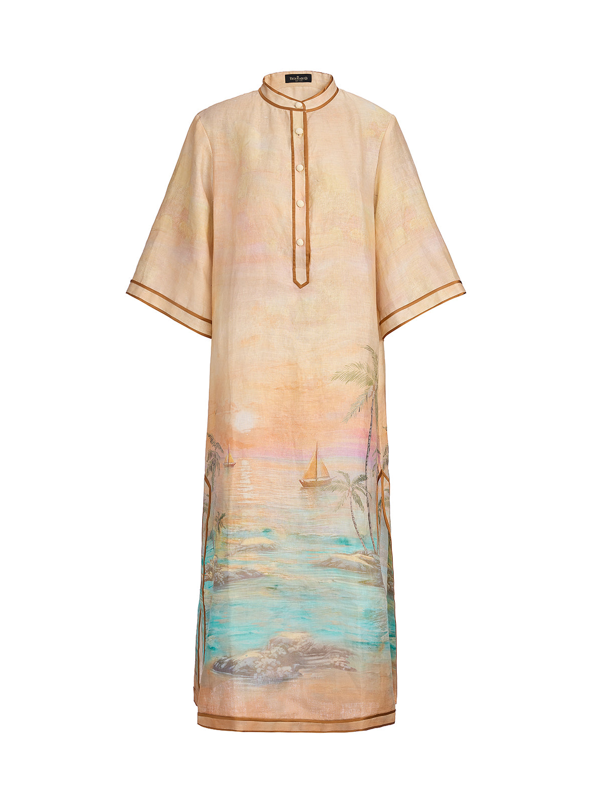 Linen Flared Sleeves Beach Print Dress