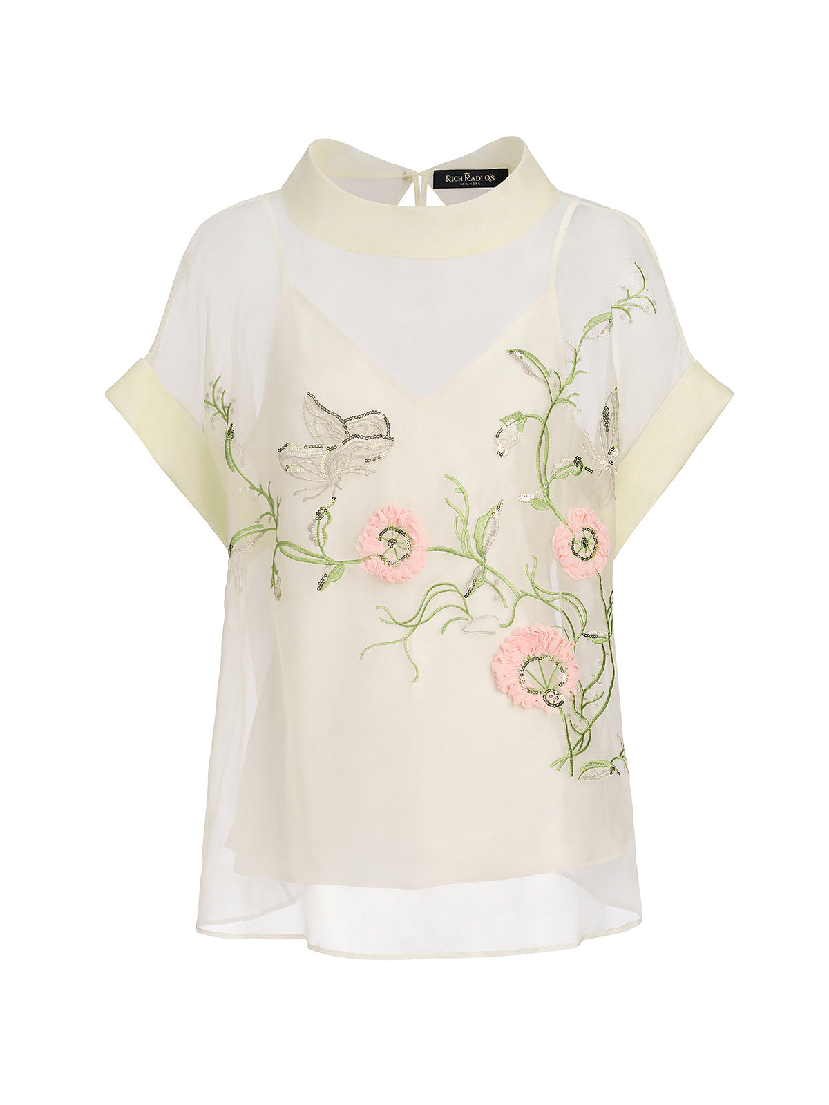 Silk 3D Sequin Embroidered Short-Sleeve Top