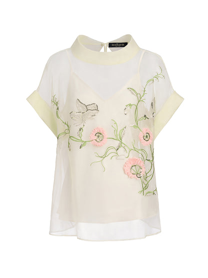 Silk 3D Sequin Embroidered Short-Sleeve Top