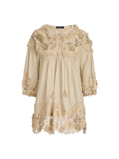 Lyocell Panelled Pleated Floral Lace Top