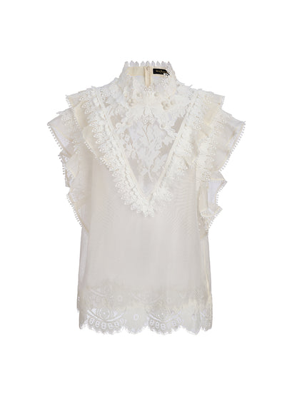 Ruffled Lace Trim Silk-Linen Blouse