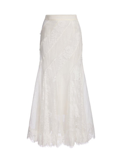 Lace-Panel Silk-Linen Mermaid Skirt