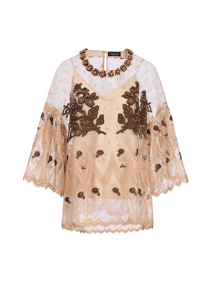 Hand-Sequined Embroidered Florals Lace Top