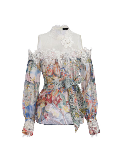 Oil Painting Print Silk-Linen Mesh Blouse