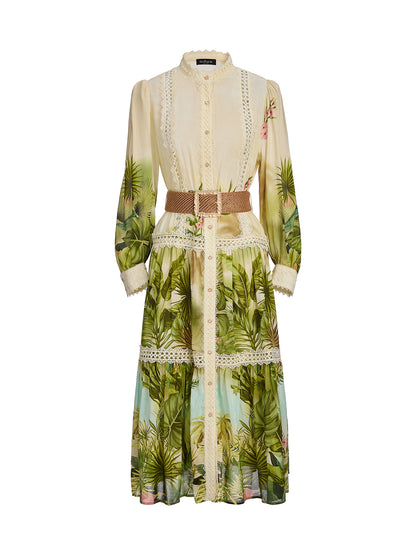 Tropical-Print Silk-Cotton Lace-Trim Dress (Two Belts Included)