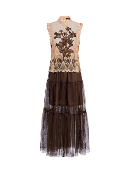Lace Tulle Appliqué Beaded Sleeveless Dress