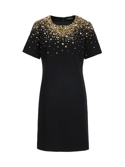 Gold Gradient Hand-Beaded Short-Sleeve Dress