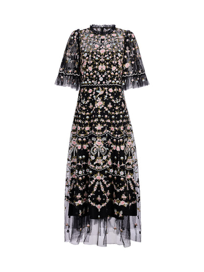 Embroidered Floral Ruffled Tulle Dress